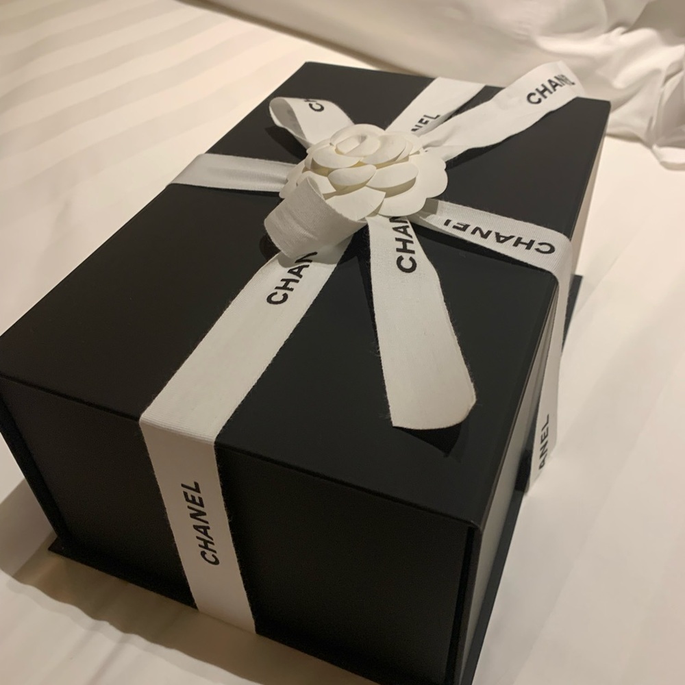 Authentic rare mid size folded Chanel Black Box with White Ribbon,Camellia box